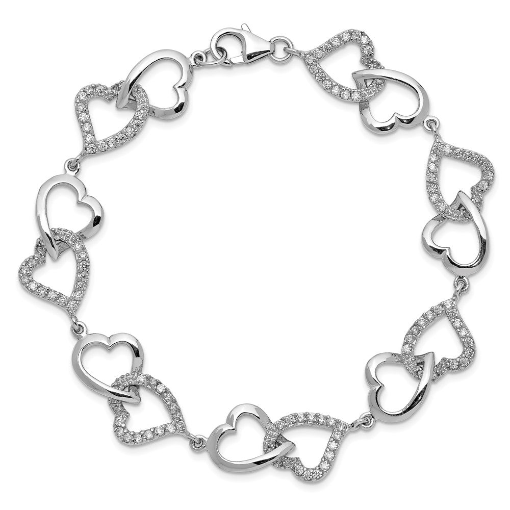 Sterling Silver Rhodium-plated Open Heart and CZ Heart Links Bracelet