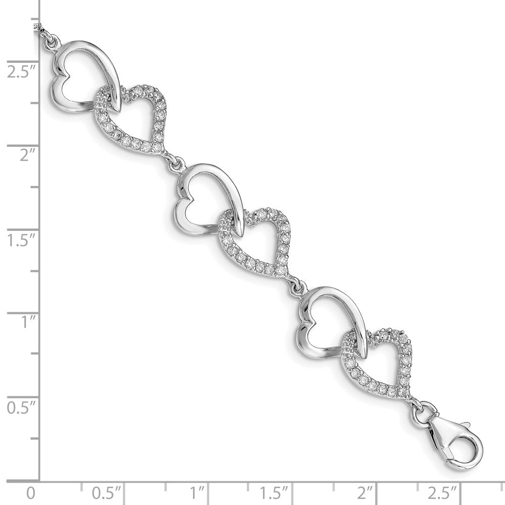 Sterling Silver Rhodium-plated Open Heart and CZ Heart Links Bracelet