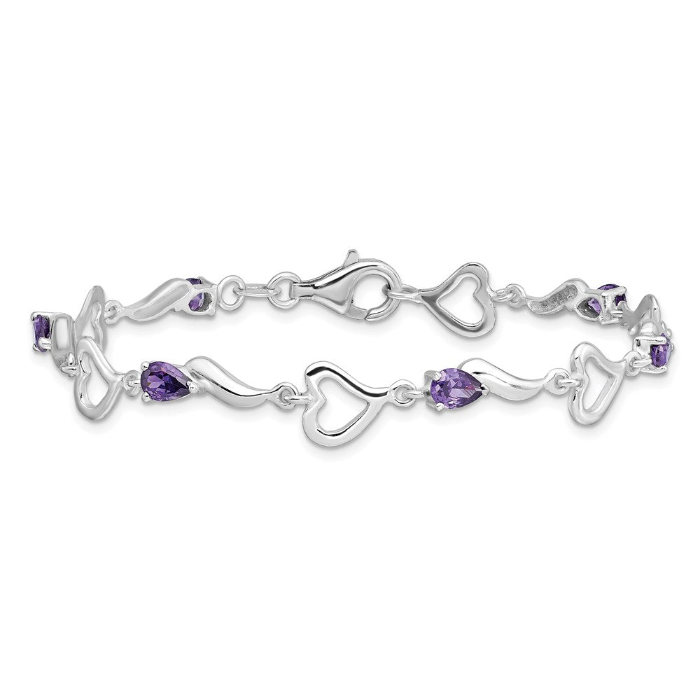 Sterling Silver Rhodium-plated Amethyst Polished Fancy Heart Bracelet