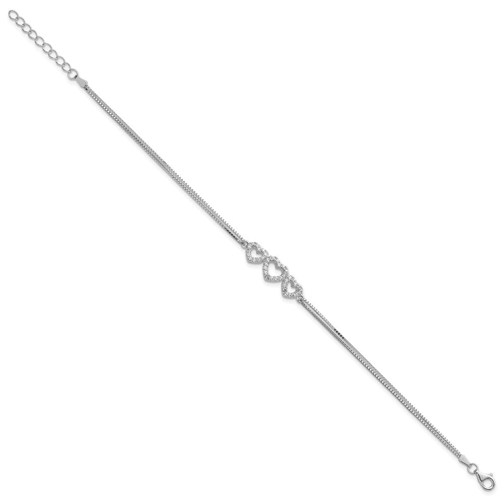 Sterling Silver Rhodium-plated Polished CZ Three Linked Hearts Bracelet