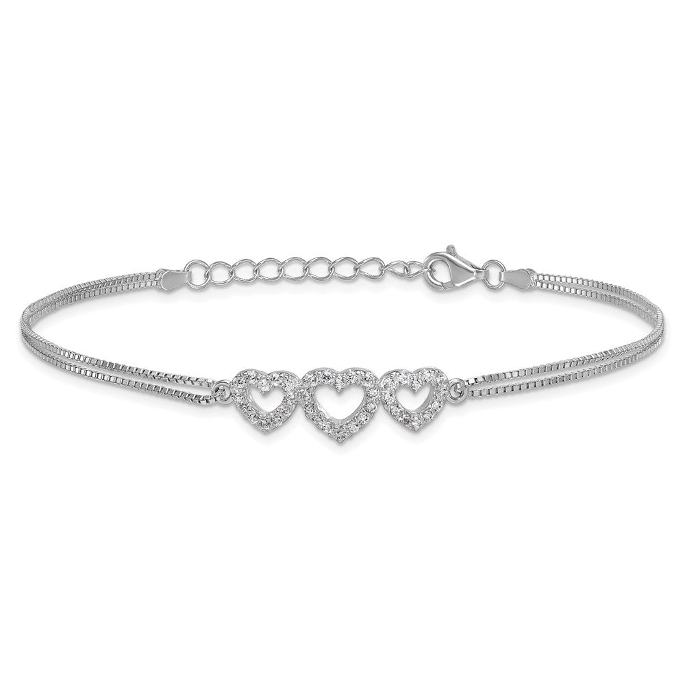 Sterling Silver Rhodium-plated Polished CZ Three Linked Hearts Bracelet