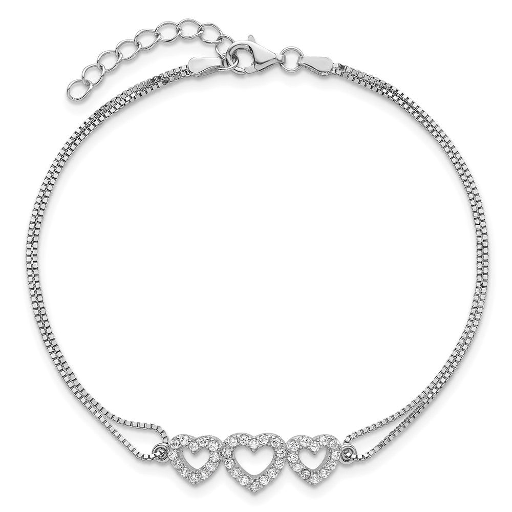 Sterling Silver Rhodium-plated Polished CZ Three Linked Hearts Bracelet