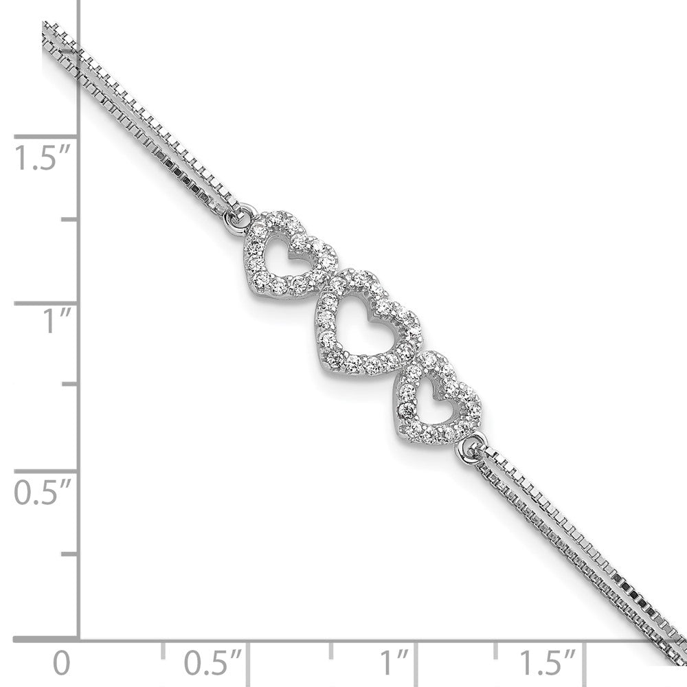 Sterling Silver Rhodium-plated Polished CZ Three Linked Hearts Bracelet