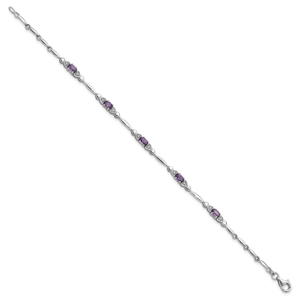 SS Rhodium-plated Amethyst and Diamond Heart 7.5in Bracelet