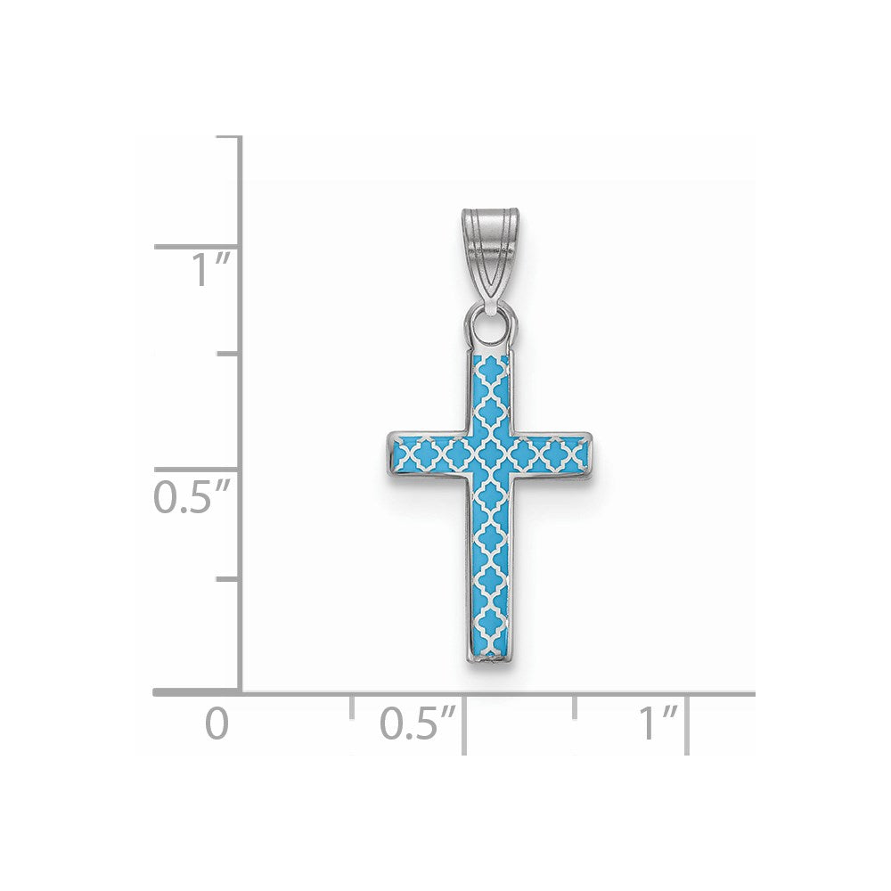 Sterling Silver Rhodium-plated Blue Enameled Cross Hatch Cross Charm