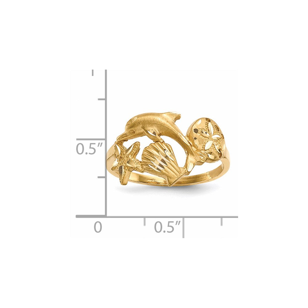 14k Polished and Satin Diamond-cut Dolphin Starfish Shell Sand Dollar Ring
