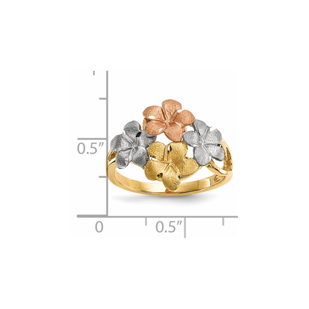 14k Two-tone w/White Rhodium Polished & Satin D/C 4-Plumeria Ring