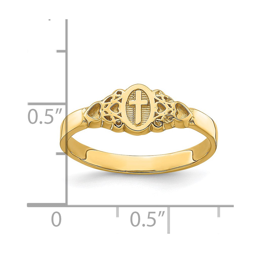14K Cross Inside Oval W/Scroll and Heart Ring