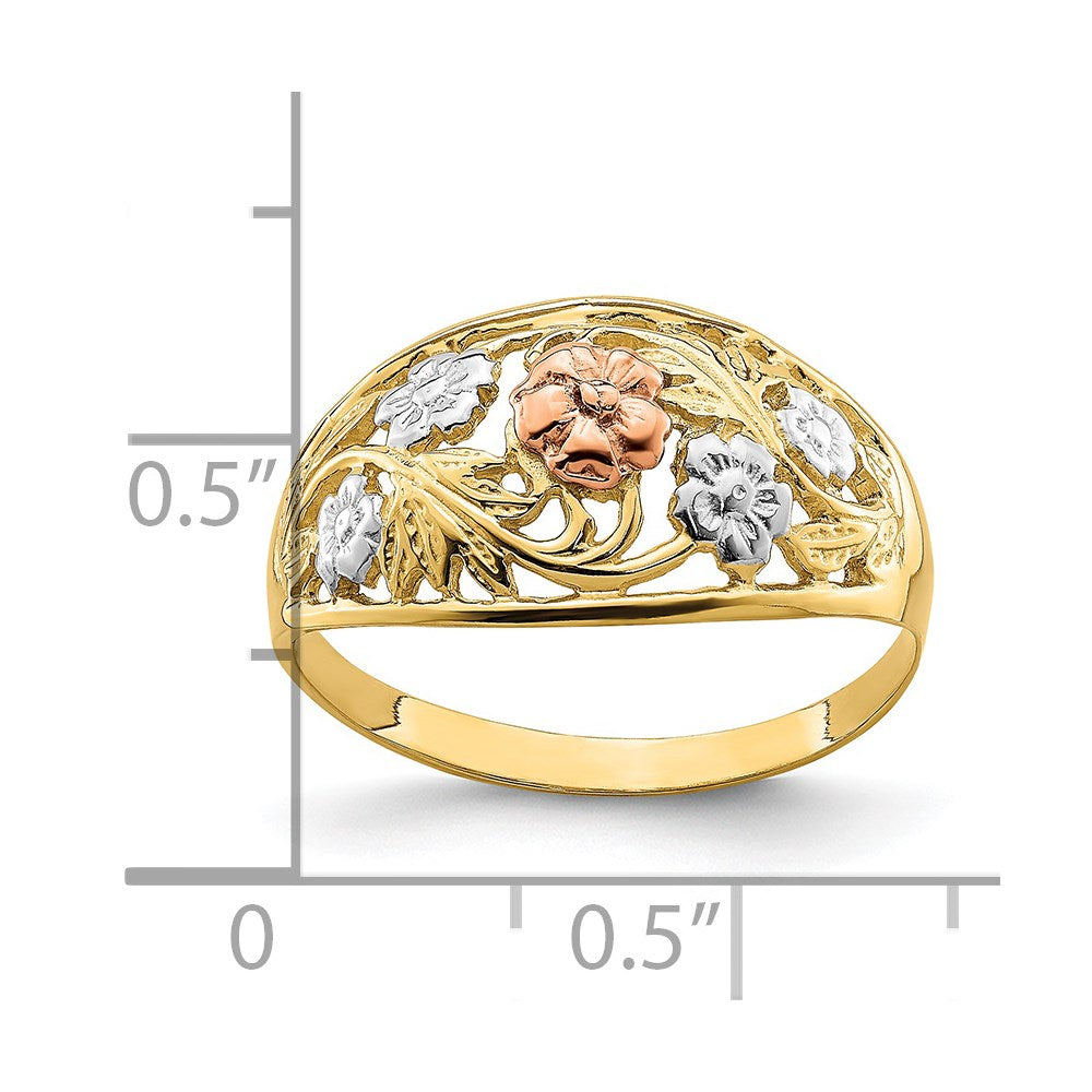 14k Tri- Color w/White Rhodium Floral Dome Ring