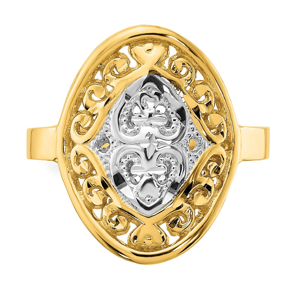 14k w/Rhodium Oval Shield and Hearts Ring