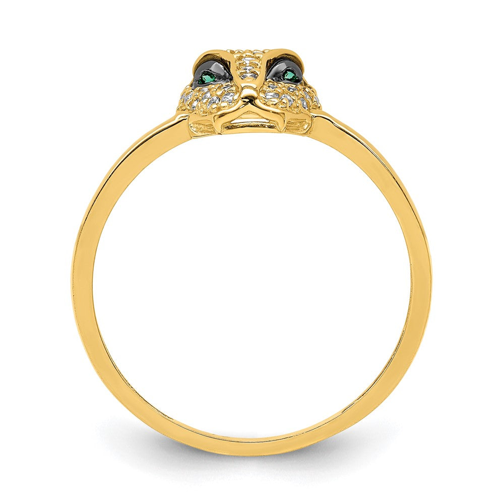 14K Polished Green & White CZ Lioness Head Ring