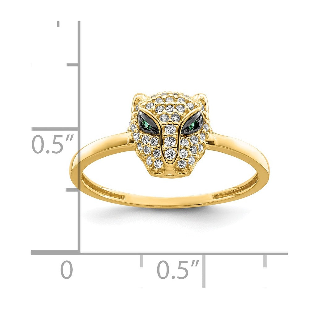 14K Polished Green & White CZ Lioness Head Ring