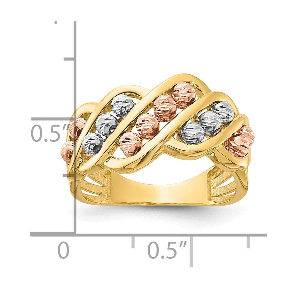 14K Tri-color Polished and Diamond-cut Beads Fashion Ring