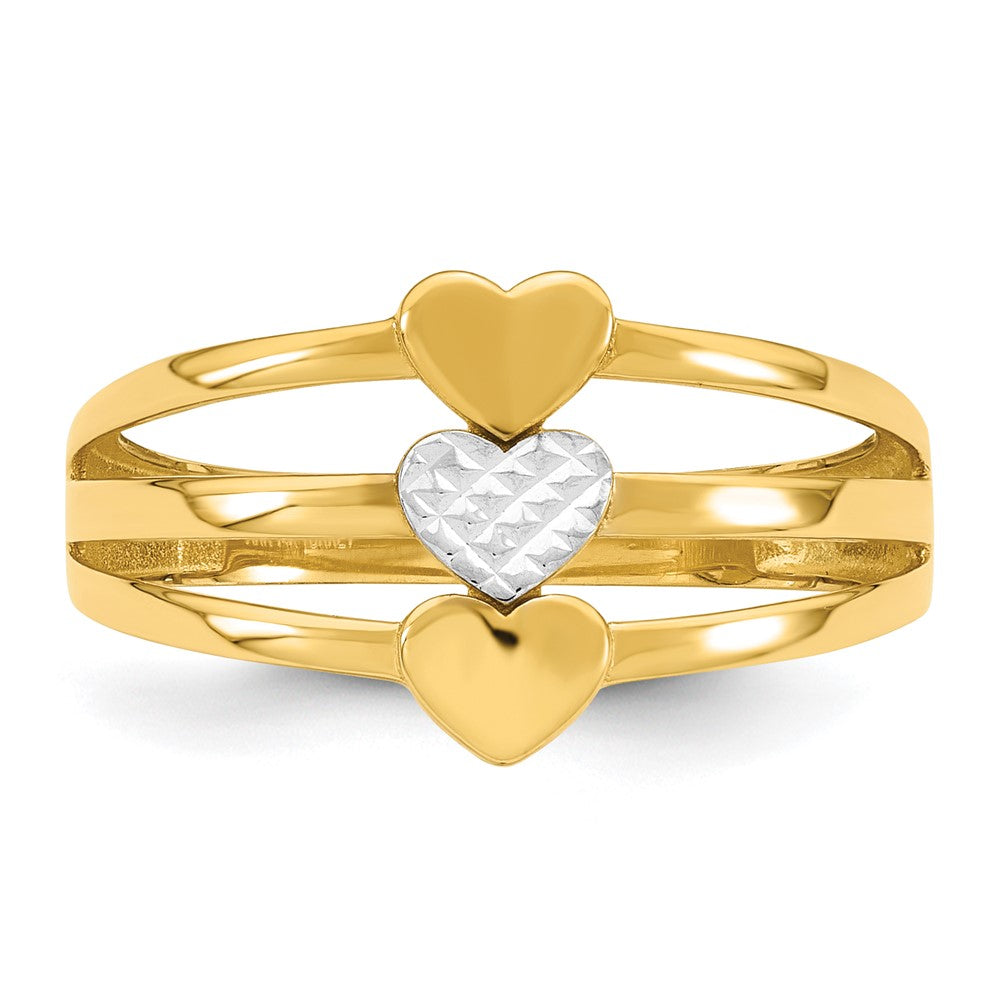 14k w/White Rhodium Polished & D/C Three Hearts Ring