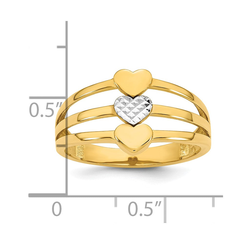 14k w/White Rhodium Polished & D/C Three Hearts Ring