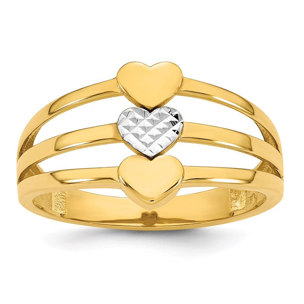 14k w/White Rhodium Polished & D/C Three Hearts Ring
