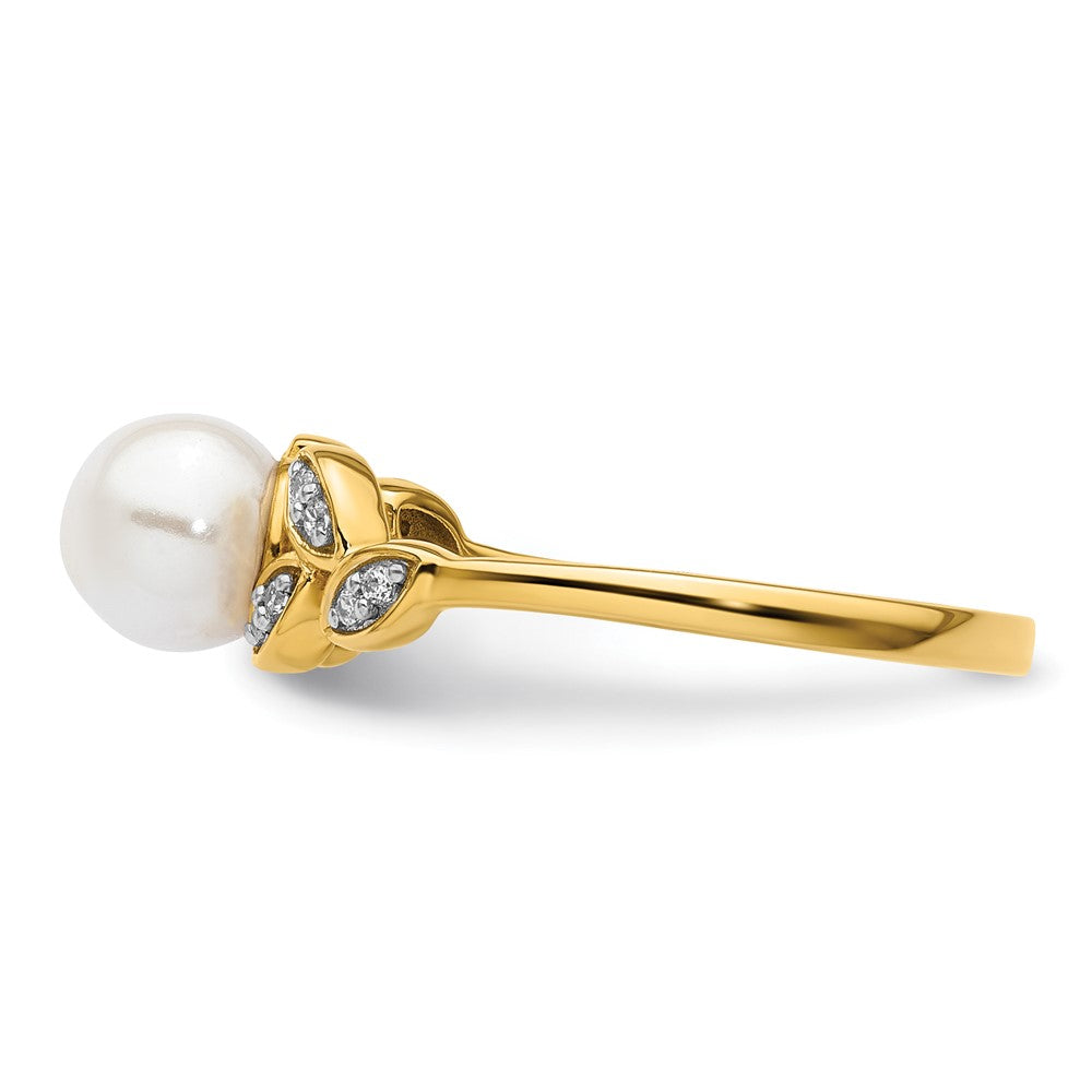 14K Polished Diamond and Pearl Leaf Fashion Ring