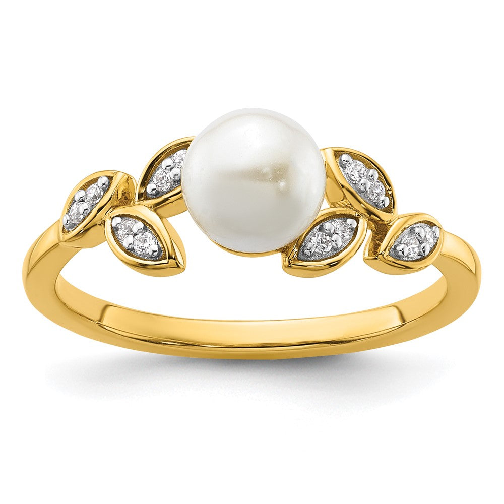 14K Polished Diamond and Pearl Leaf Fashion Ring