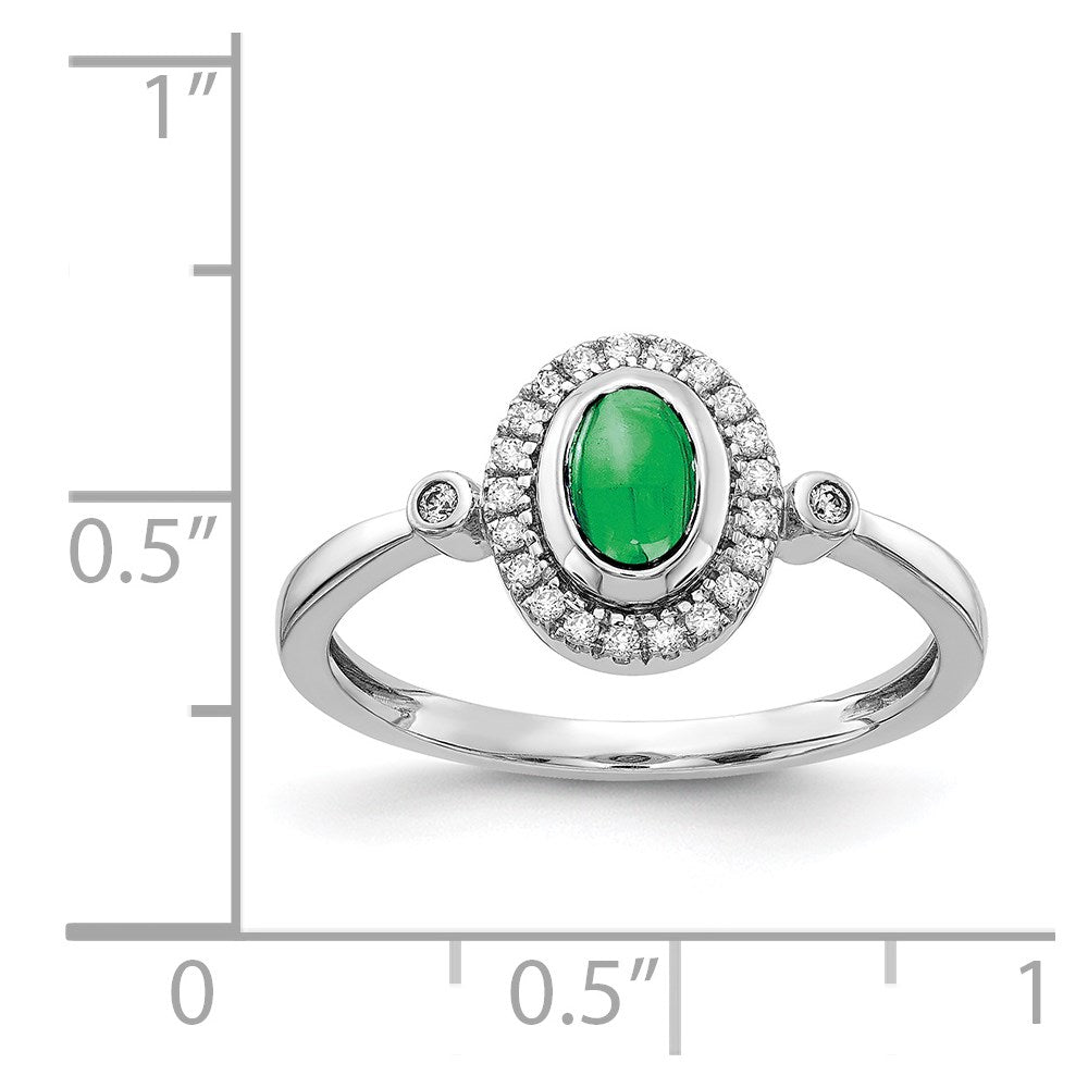 14k White Gold Diamond and Oval Cabochon Emerald Halo Ring