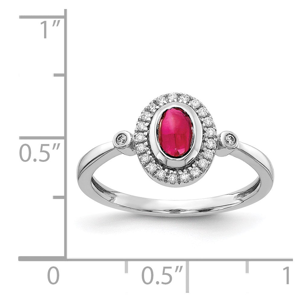 14k White Gold Diamond and Oval Cabochon Ruby Halo Ring