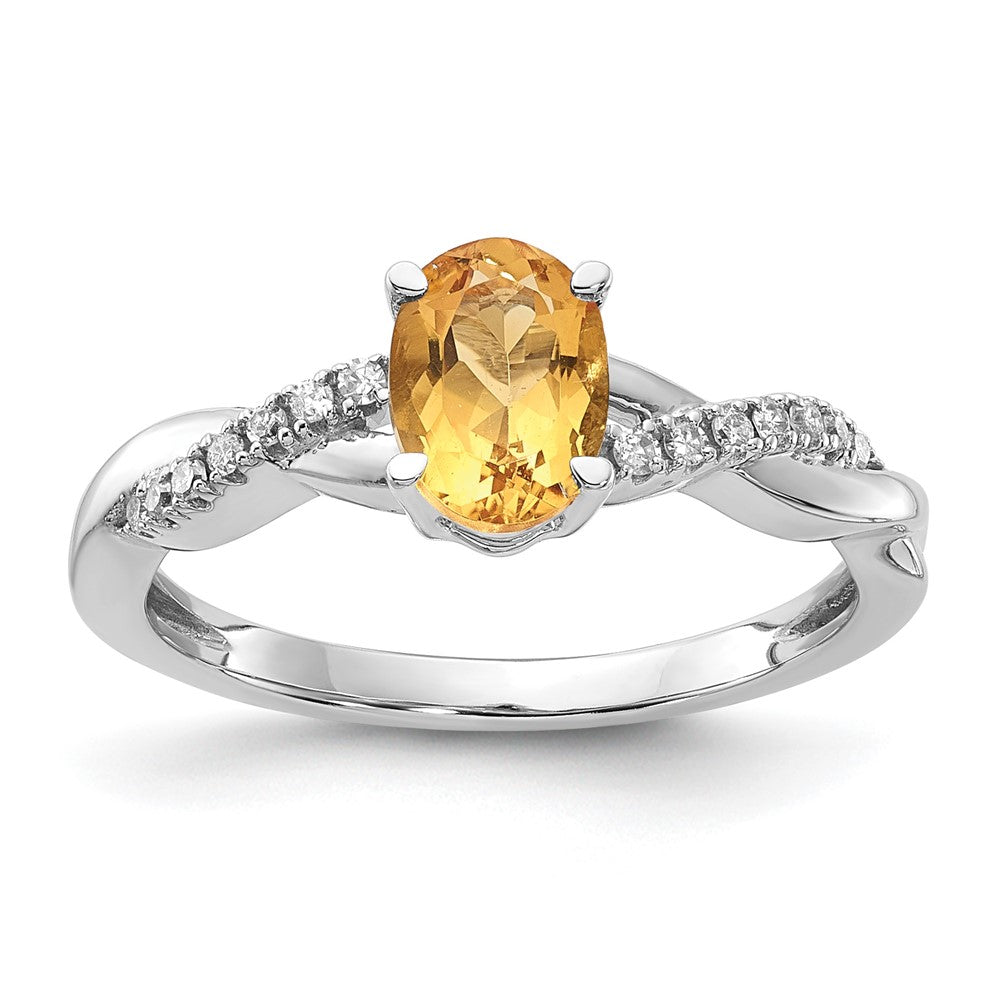 14K White Gold Oval Citrine and Diamond Ring