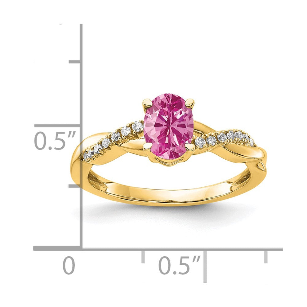 14K Oval Created Pink Sapphire and Diamond Ring