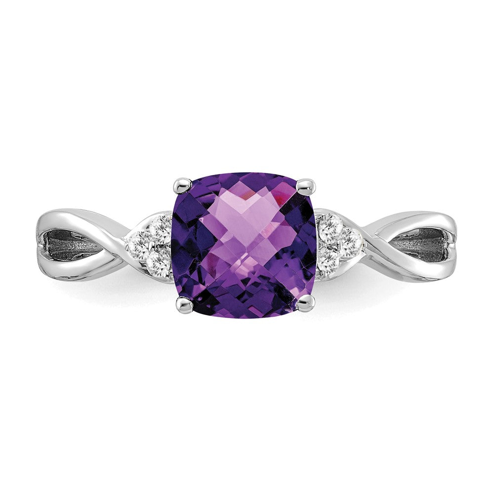 14K White Gold Checkerboard Amethyst and Diamond Ring