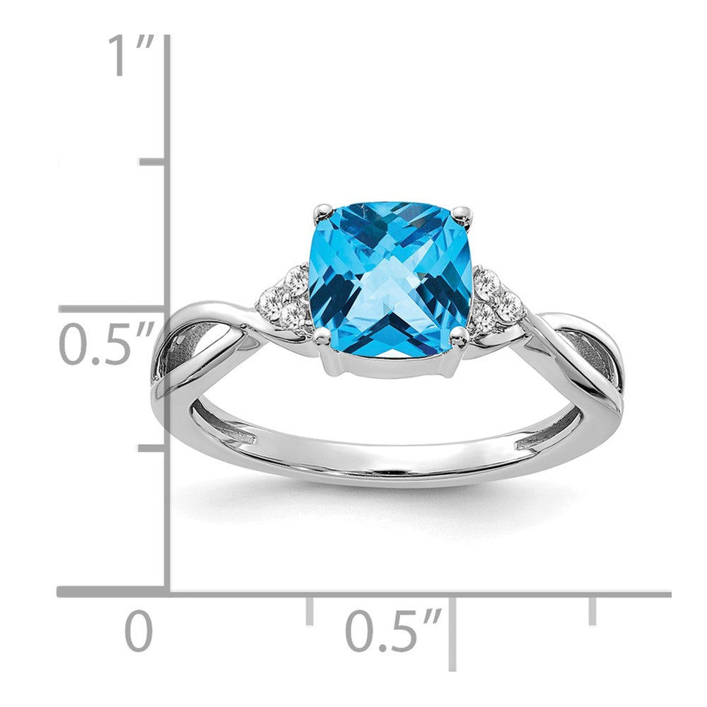 14K White Gold Checkerboard Blue Topaz and Diamond Ring