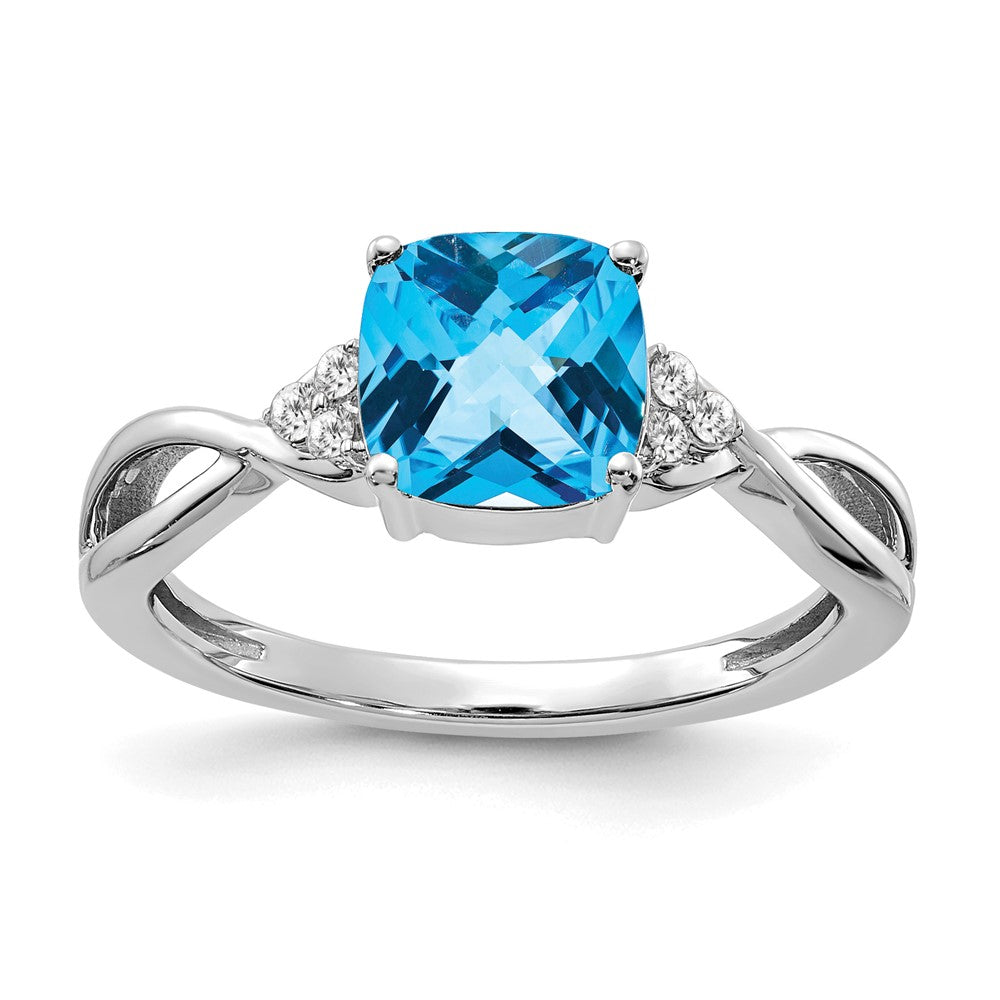14K White Gold Checkerboard Blue Topaz and Diamond Ring