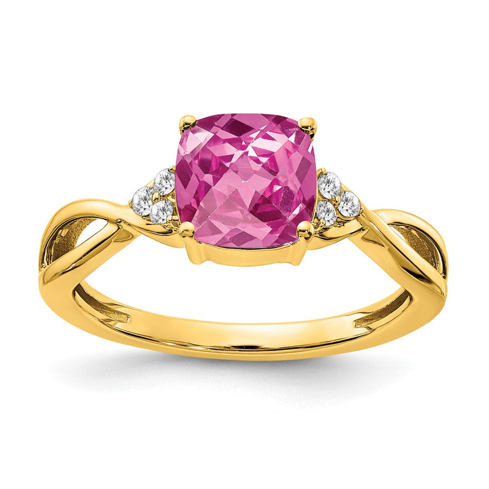 14k Checkerboard Created Pink Sapphire and Diamond Ring