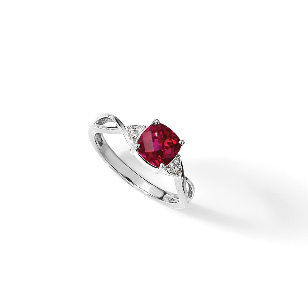 14K White Gold Checkerboard Created Ruby and Diamond Ring