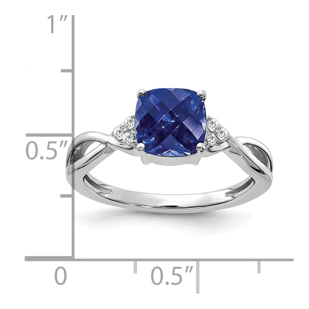 14K White Gold Checkerboard Created Sapphire and Diamond Ring