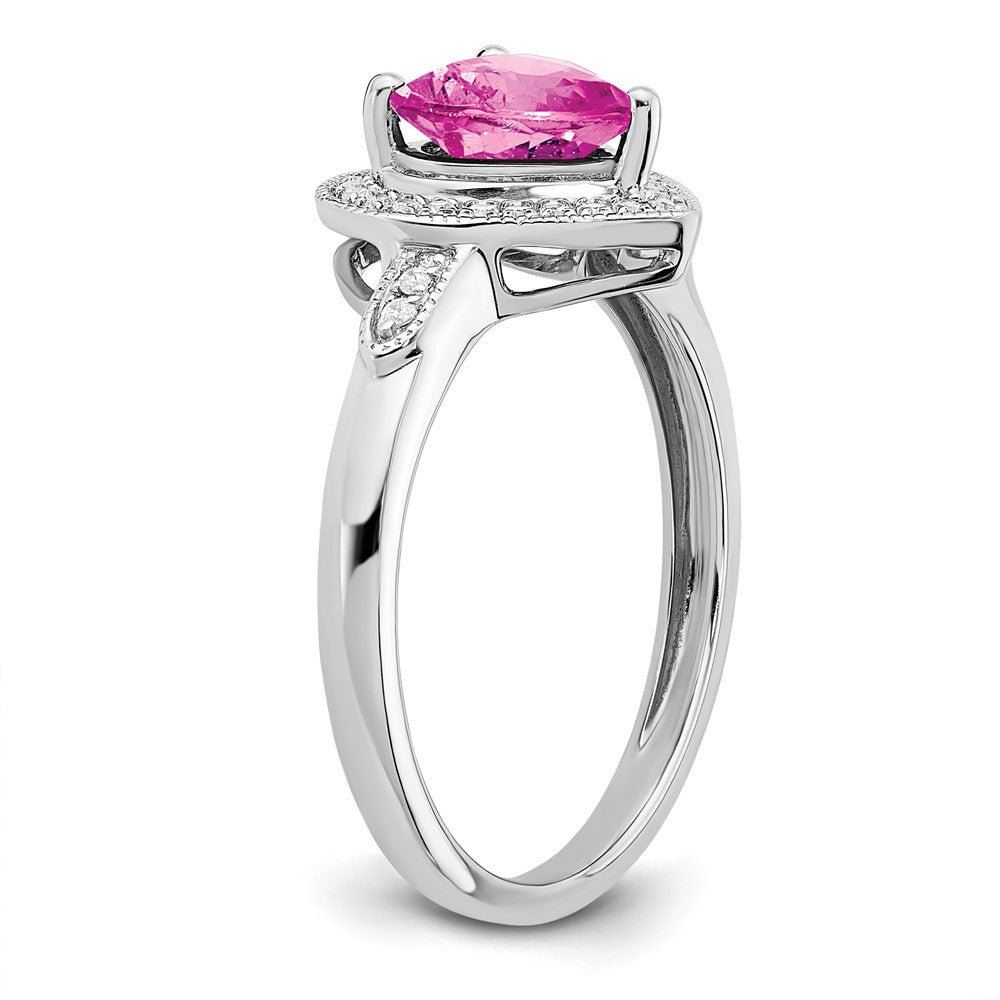 14k White Gold Heart Created Pink Sapphire and Diamond Halo Ring