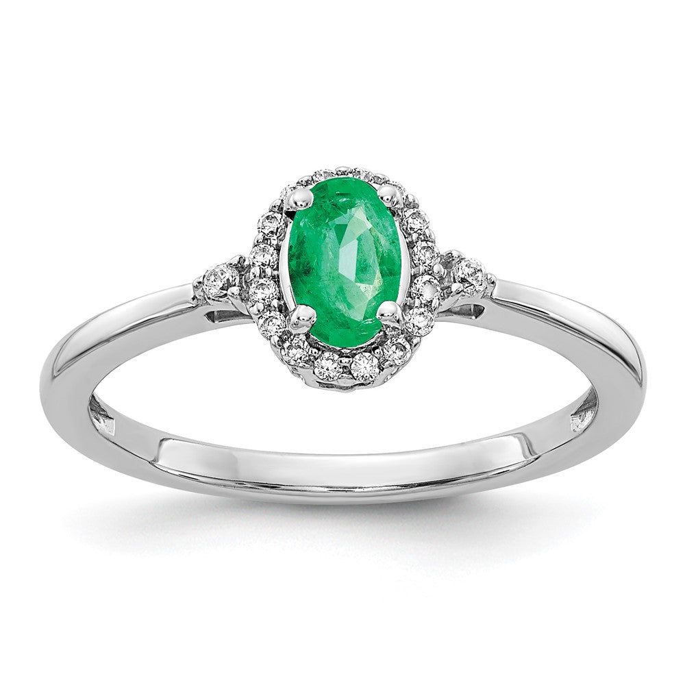 14k White Gold Oval Emerald and Diamond Halo Ring
