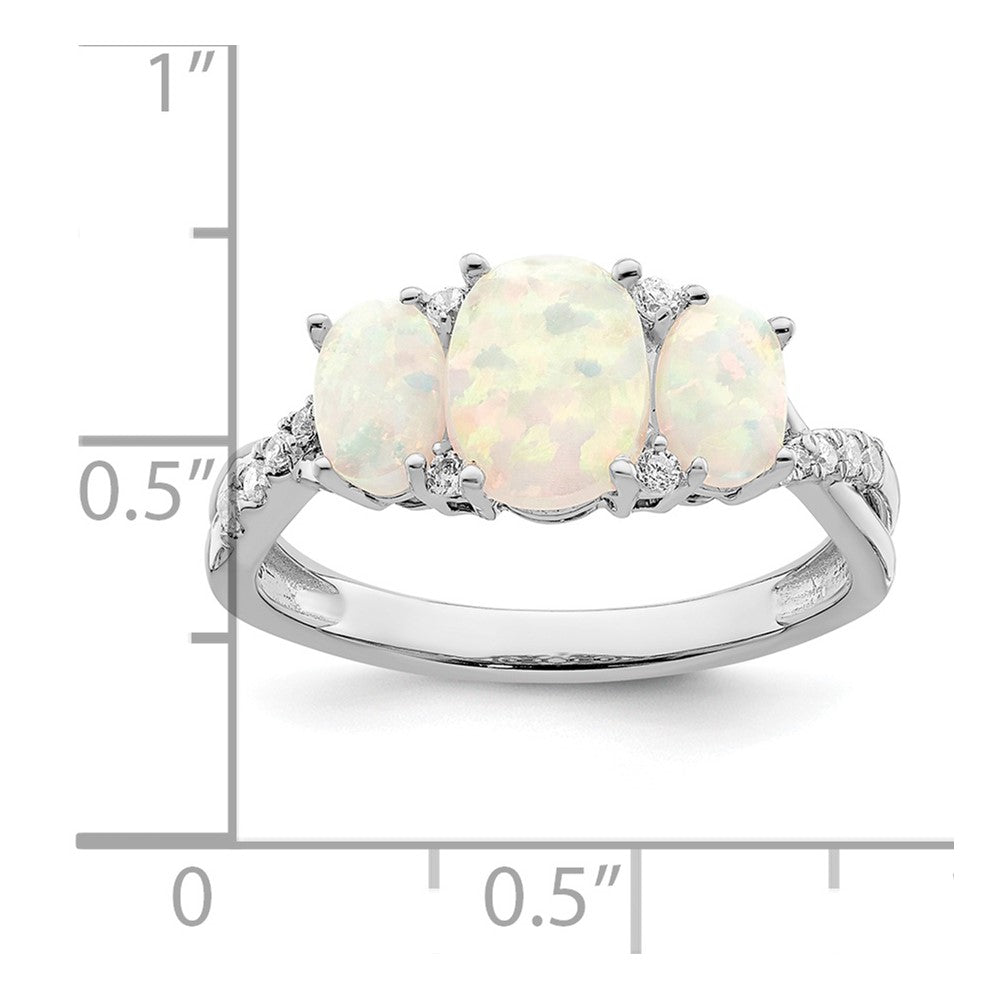 14k White Gold Created Opal and Diamond 3-stone Ring
