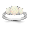 14k White Gold Created Opal and Diamond 3-stone Ring