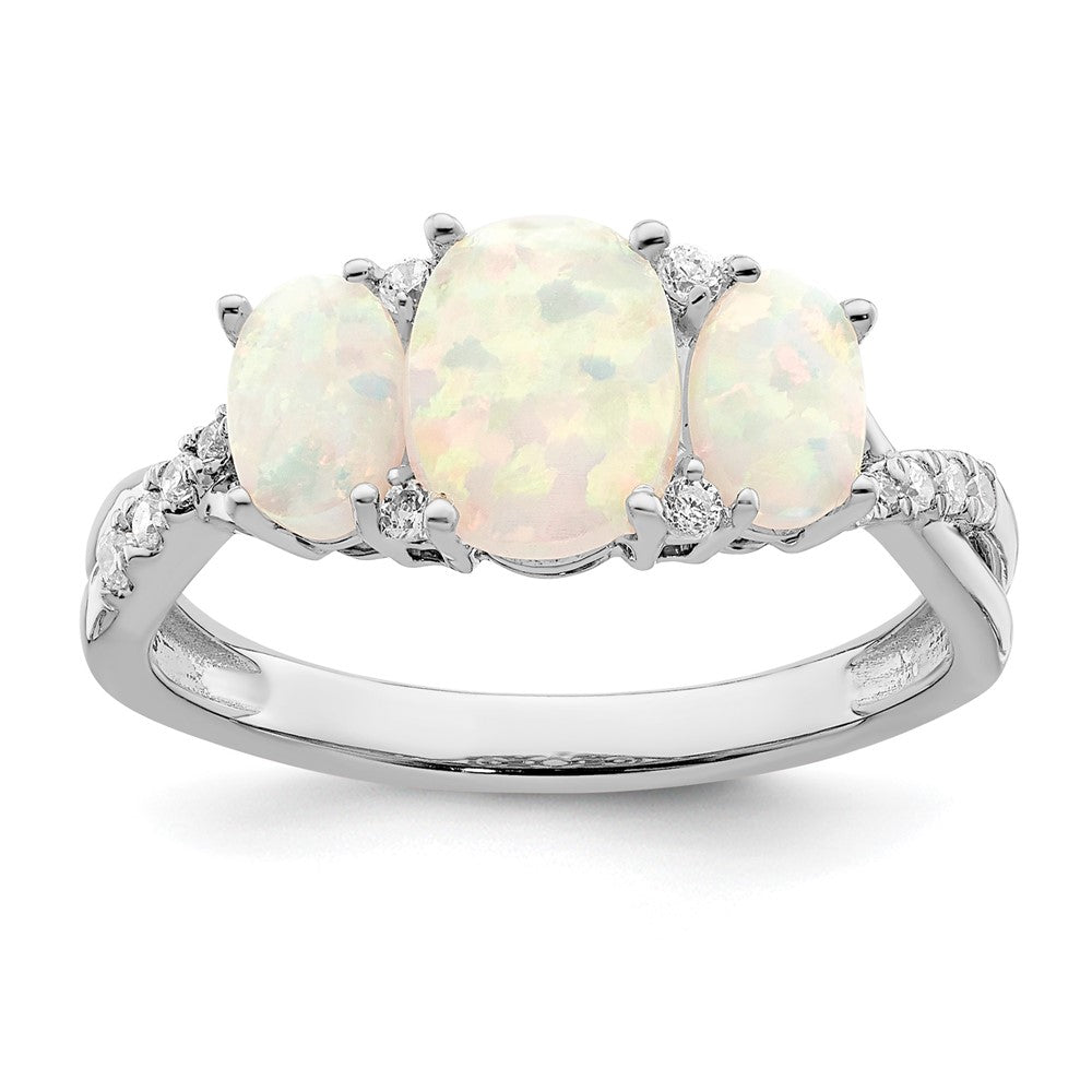 14k White Gold Created Opal and Diamond 3-stone Ring