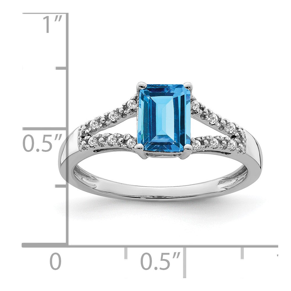 14k White Gold Emerald-cut Blue Topaz and Diamond Ring