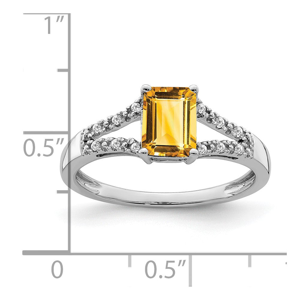 14k White Gold Emerald-cut Citrine and Diamond Ring