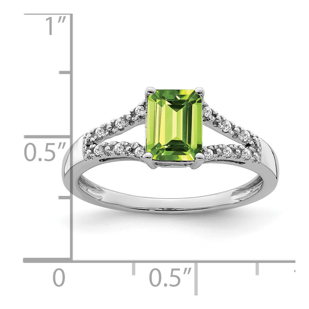 14k White Gold Emerald-cut Peridot and Diamond Ring