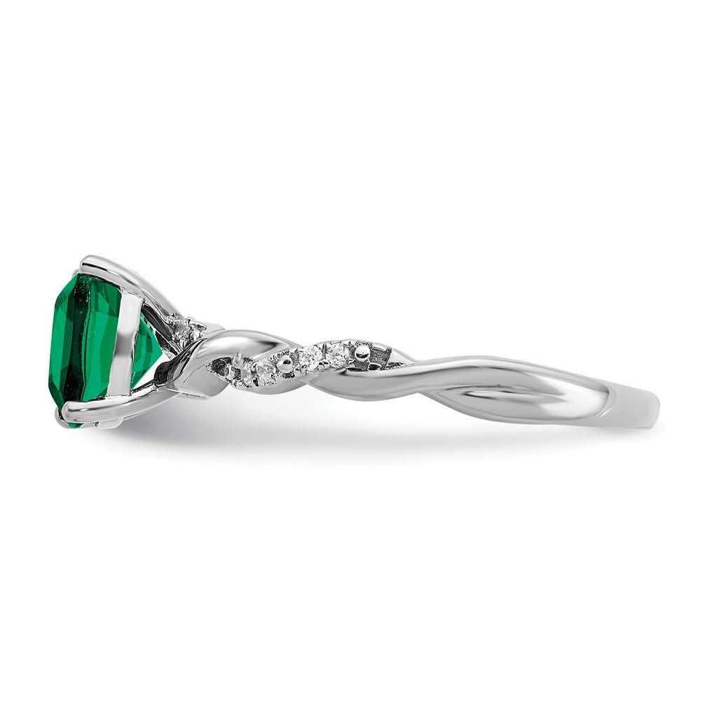 Sterling Silver Rhodium-plated Created Emerald and Diamond Ring