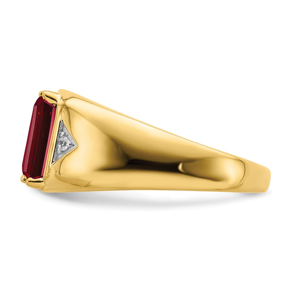14k Emerald-cut Created Ruby and Diamond Polished Mens Ring