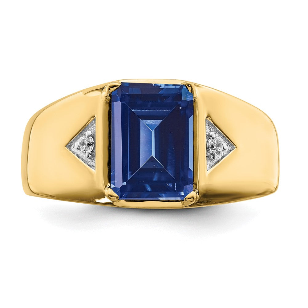 14k Emerald-cut Created Sapphire and Diamond Polished Mens Ring
