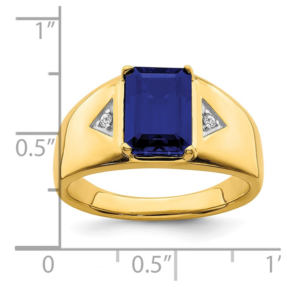 14k Emerald-cut Created Sapphire and Diamond Polished Mens Ring