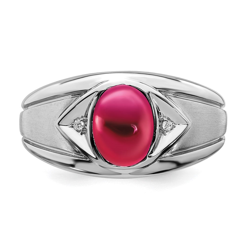 14k White Gold Created Ruby and Diamond Mens Ring