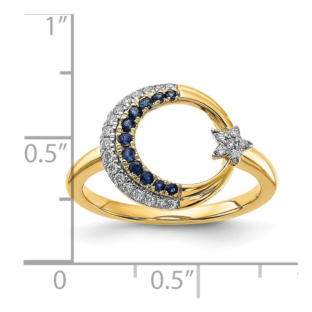 14k Polished Sapphire and Diamond Moon w/Star Ring