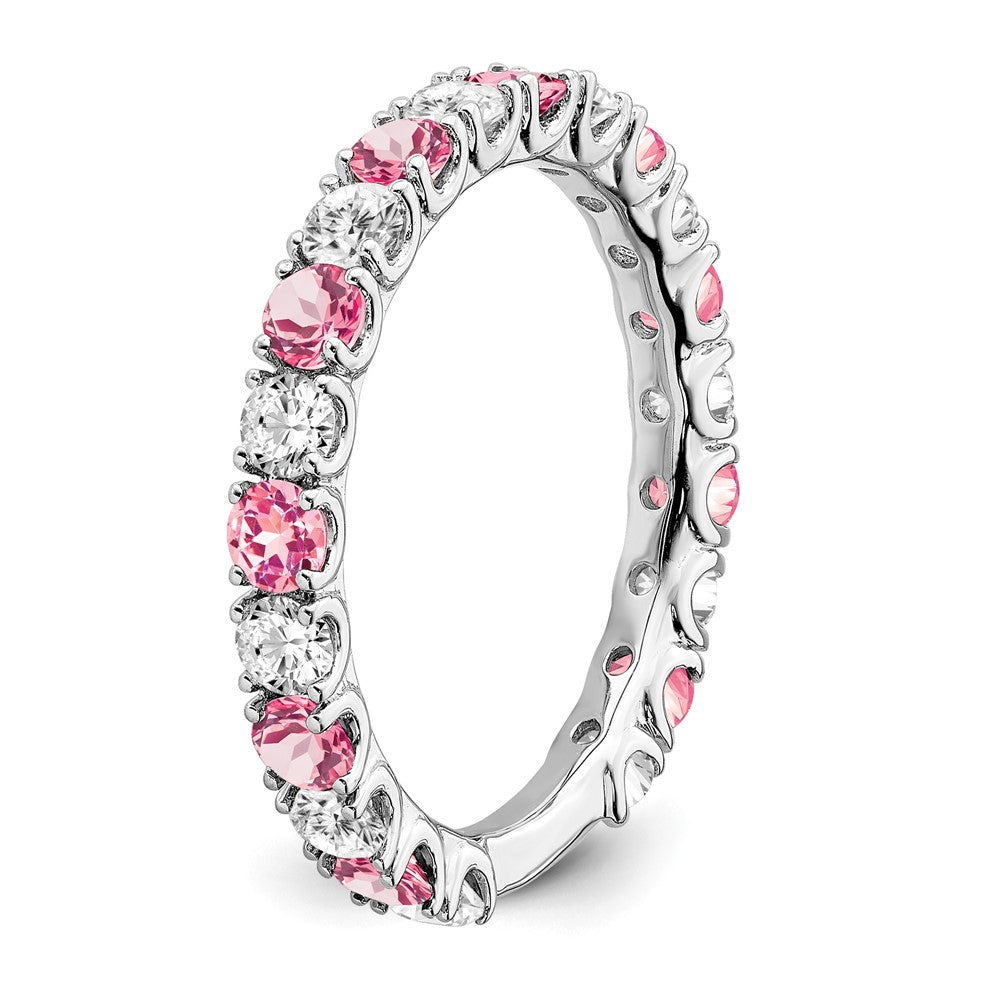 14k White Gold Created Pink Sapphire and Diamond Band