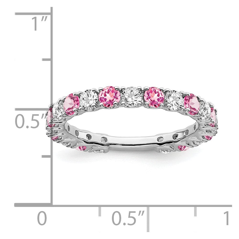 14k White Gold Created Pink Sapphire and Diamond Band