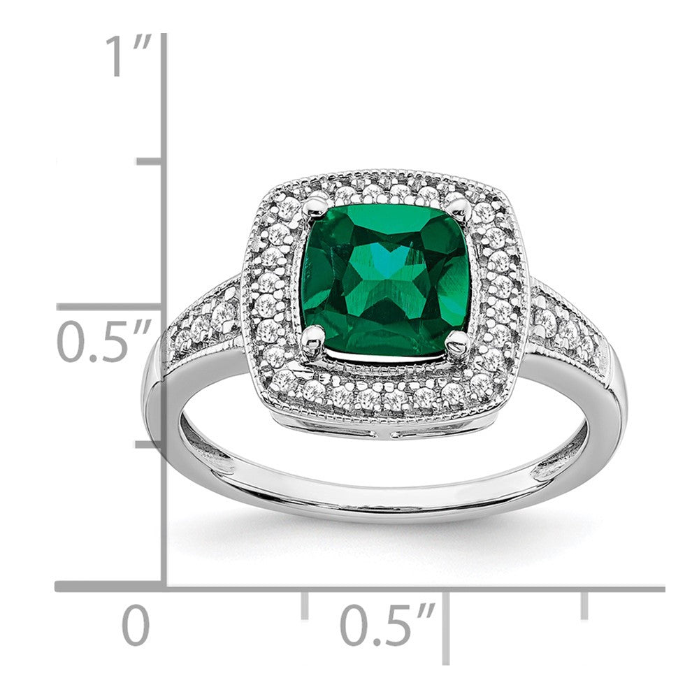 14k White Gold Cushion Created Emerald and Diamond Halo Ring