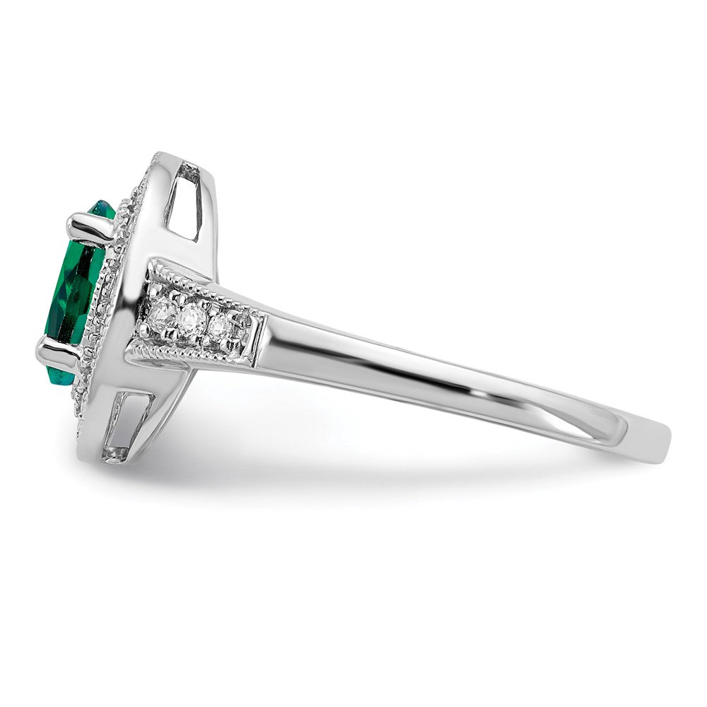 14k White Gold Oval Created Emerald and Diamond Halo Ring